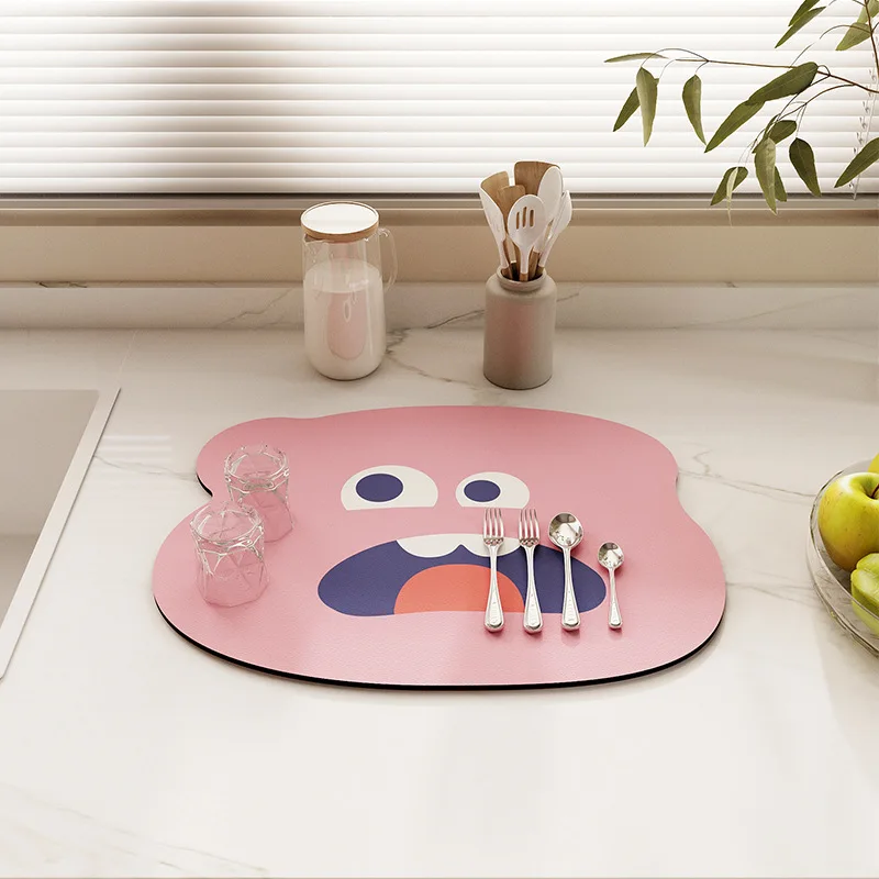 Cute Monster Super Absorbent Kitchen Drain Pad Countertop Coffee Dish Drying Mat Dopamine Non-slip Dinnerware Tableware Placemat
