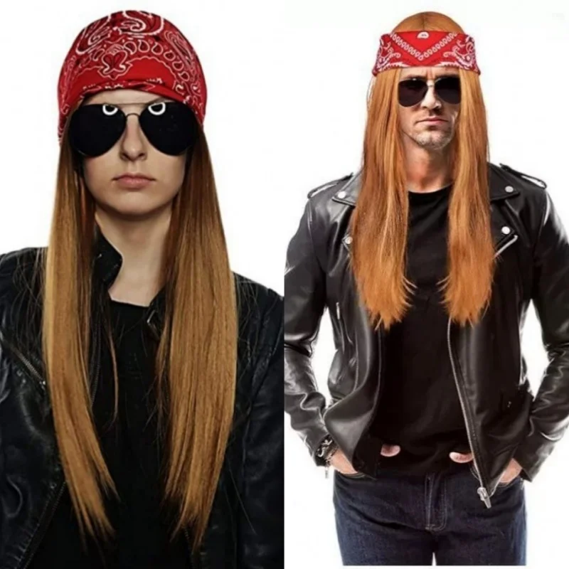 Adult Synthetic Wig Hat Men Women Hippy Brown Straight Long Wig Sunglass Headscarf Rock Hip Hop Cosplay Party Fancy Costume Prop
