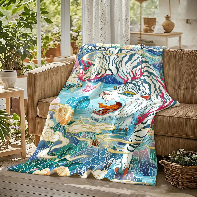 Chinese White Tiger Flannel Blanket Warm Soft Halloween Christmas Decorative Couch Warm Cozy All-Season Gift