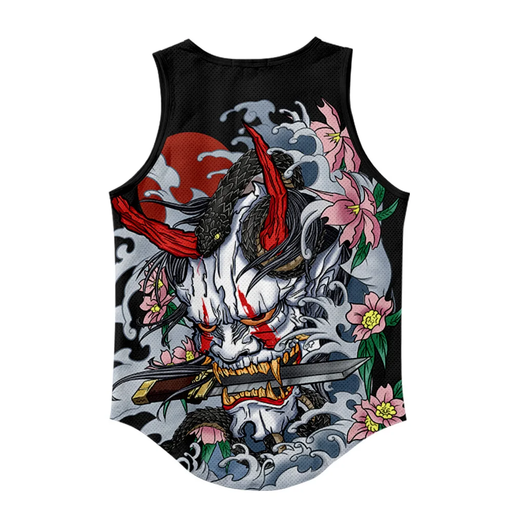 Japanese Anime Demon Print Summer Beach Vest Men\'s Mesh Top Bodybuilding Gym Muscle Fitness Sleeveless Tank Top Plus Size