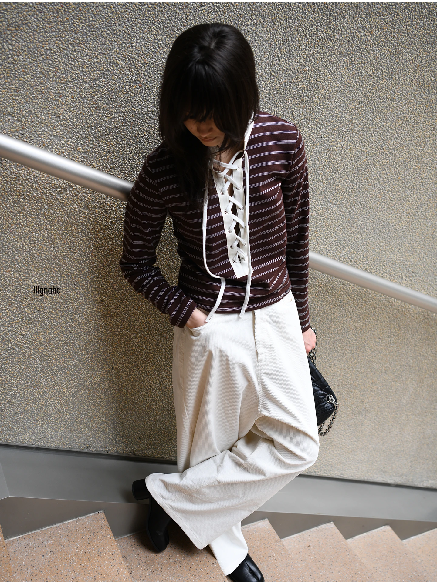 

Loose Women's Long Sve T-irt Brown Stripe Dstring Casual Versatile Top Cotton Classic Fit round Ne irt