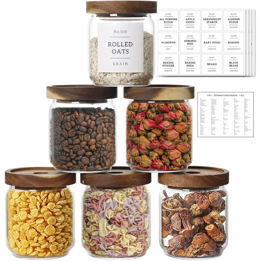 

16 OZ Stackable Glass Food Storage Jars with 132 Pantry Labels Preprinted 6 Pcs Thicken Glass Storage Containers with Airtight