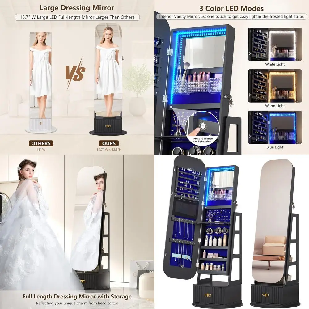 

Поворотный на 360 градусов зеркальный шкаф для ювелирных изделий с подсветкой, большие ящики для хранения аксессуаров и макияжа черного цвета