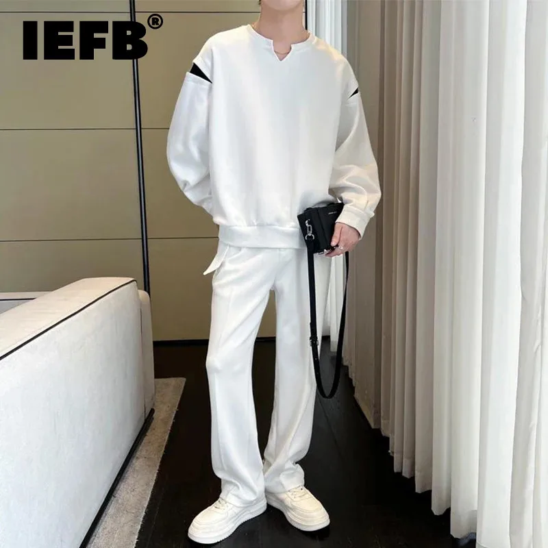 IEFB Fashion Men's Sets V-neck Patchwork Contrast Color Loose Male Sweatshirts Straight Wide Leg Sports Sweatpants Simple 9C8380