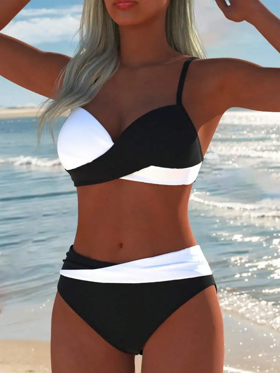 

Womens Black And White Two Piece Bikini Set Beach Vacation Swimwear