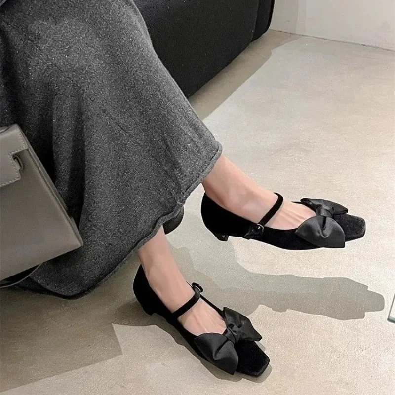 

Women's Low Heeled Shoes Bow Tie One-line Buckle Shallow Mouth Shoes Women Dress Fashion Mary Jen Spring New Zapatillas De Mujer