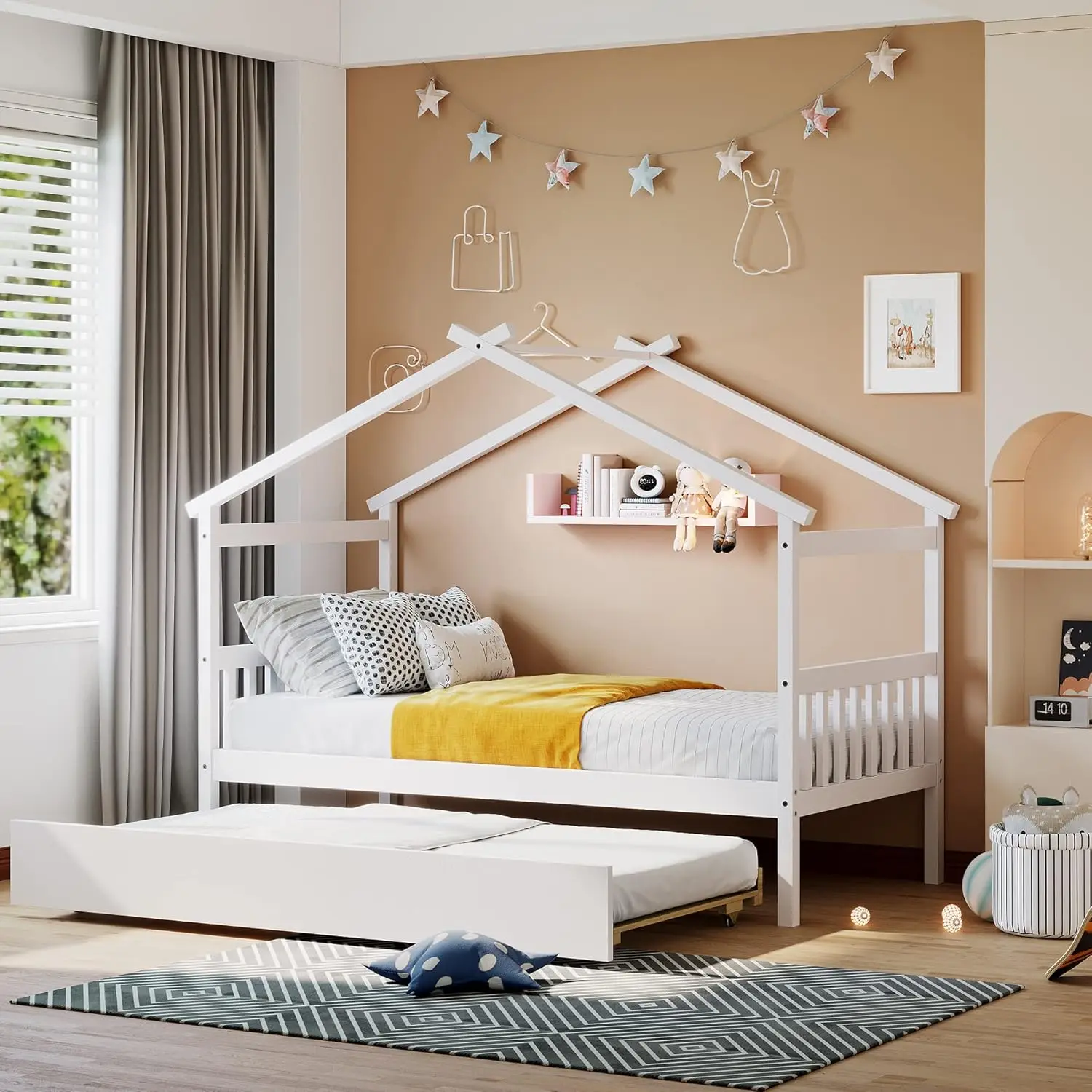 Twin Size Wooden House Bed with Trundle, Wood Bed Frame with Roof for Kids Teens bedroom environment that your child will love