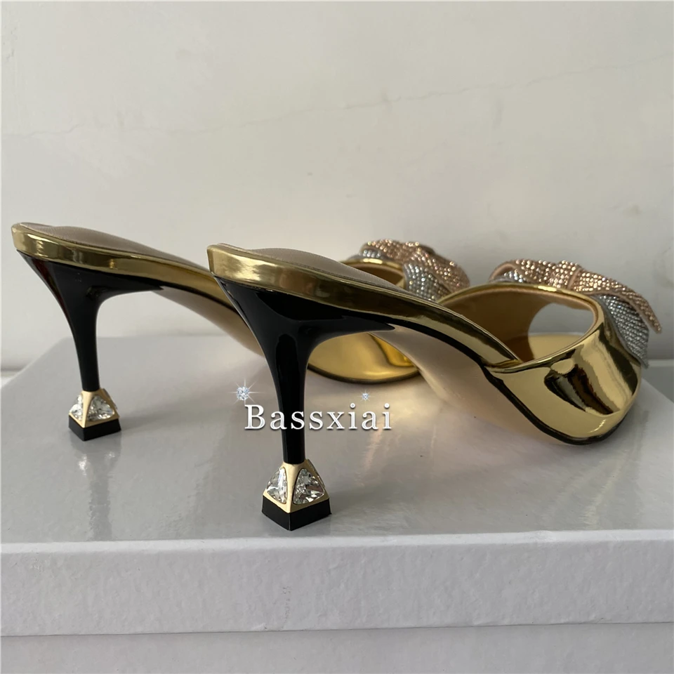 Quality Diamond Butterfly-Knot Sandals Women Luxury Patent Leather Slingbacks Rhinestone Decor Spike Heel Summer Mules