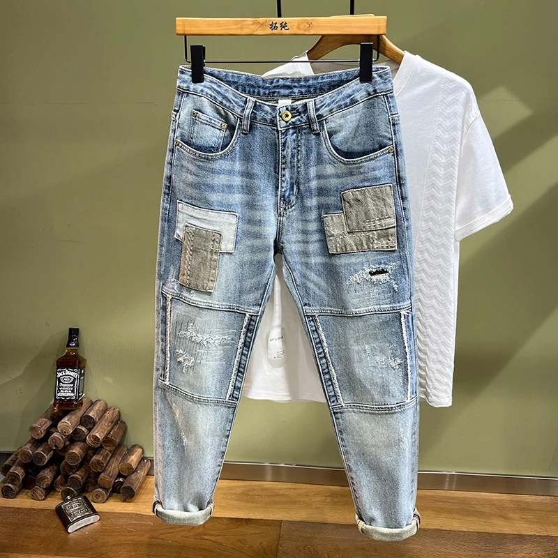 

Уличные модные мужские джинсы в ретро стиле, Стрейчевые Узкие рваные джинсы с соединением, дизайнерские брюки из денима в стиле хип-хоп