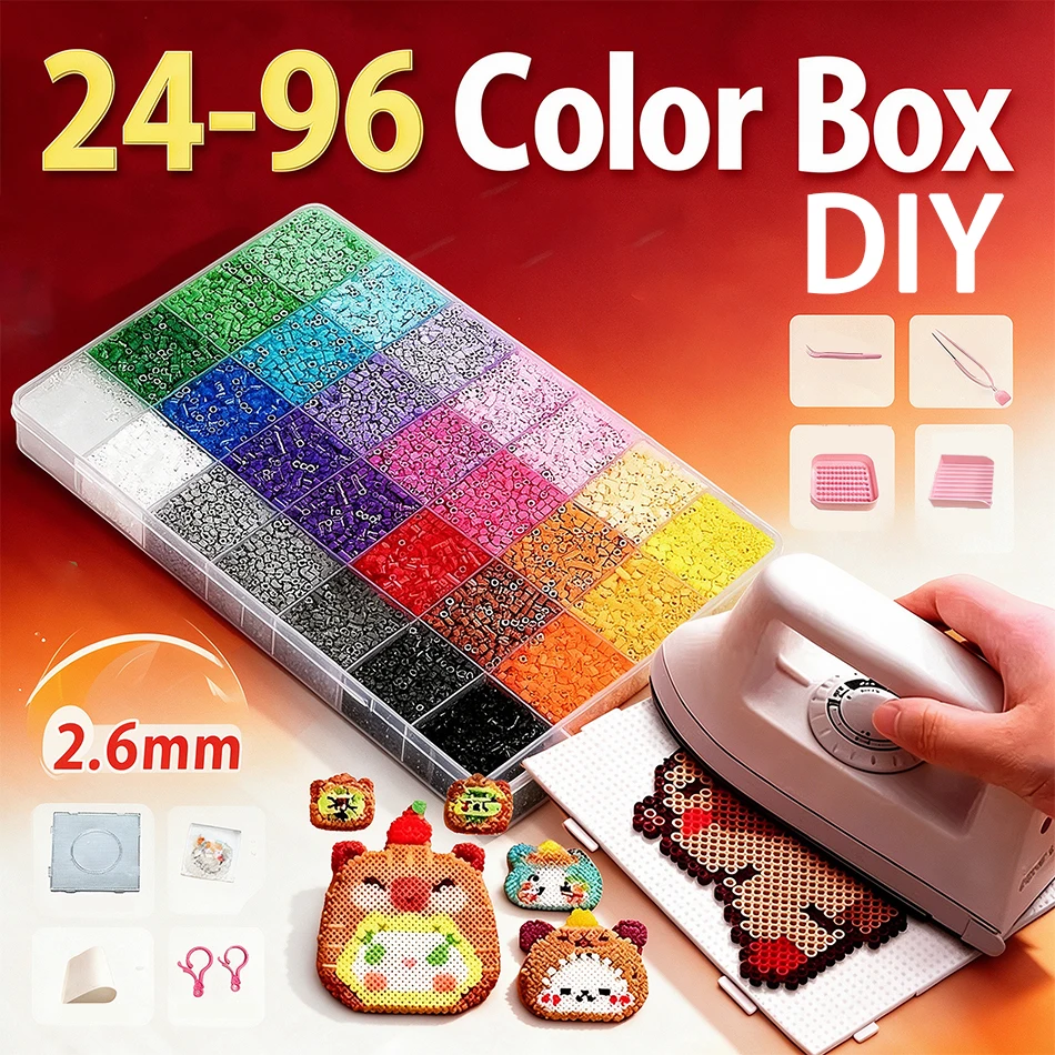 2.6mm 24/48/72/96 Colors Fuse Beads Set, DIY Thermal Mosaic Hama Ironing Beads Box Pack, Educational Kids Art Craft Toy
