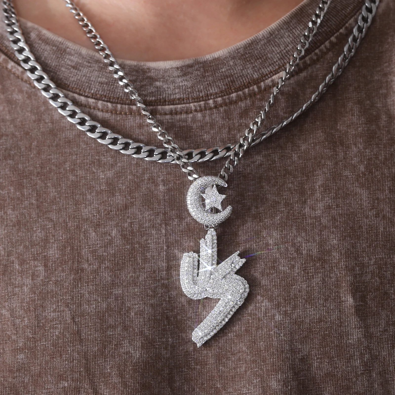 Provence jewelry 925 Sterling silver pendant Letter VS star moon lab diamond pendant for men rock hiphop jewelry boyfriend gift
