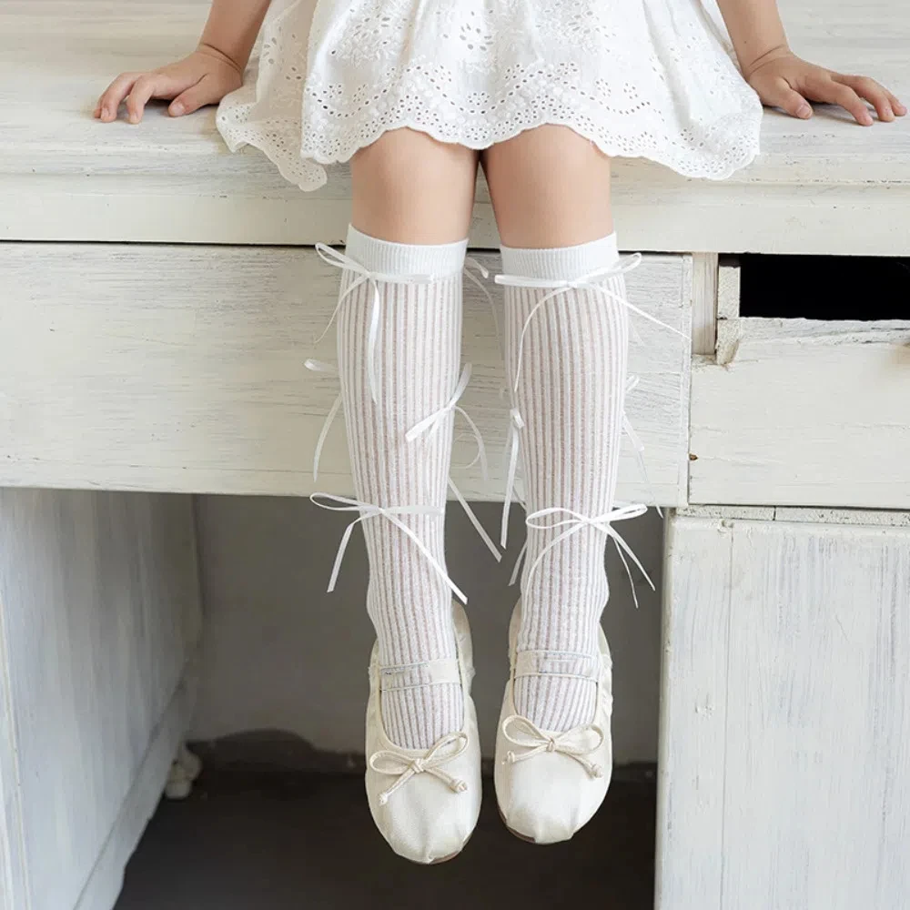 

Sweet Solid Color Balletcore Socks Ribbon Bow Korean Style Mid-Tube Hosiery Cloth Accessories Autumn&Winter Thin Stockings Girls
