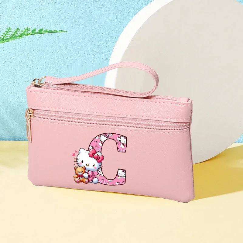 Cartera Sanrio Hello Kitty letra A-Z moda mujer Pu carteras largas de cuero lindo dibujos animados Anime impreso cremallera monedero regalos