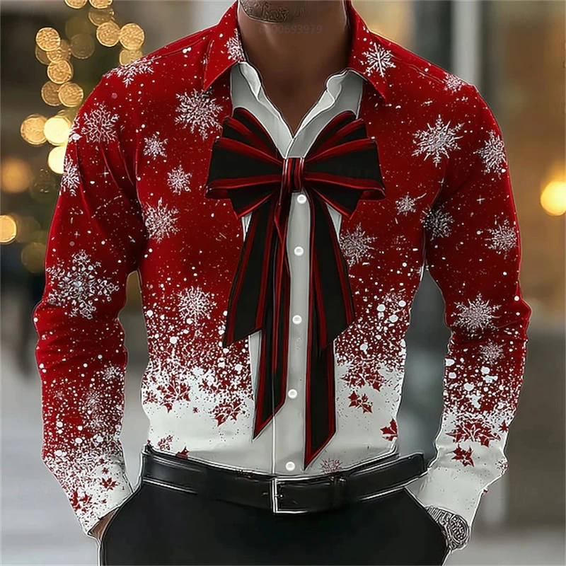 

Red Christmas Man Shirts Snowflake Bow Tie Christmas Clothing Fashion Casual Outdoor Men Holiday Gift Shirt Long Sleeve Tops