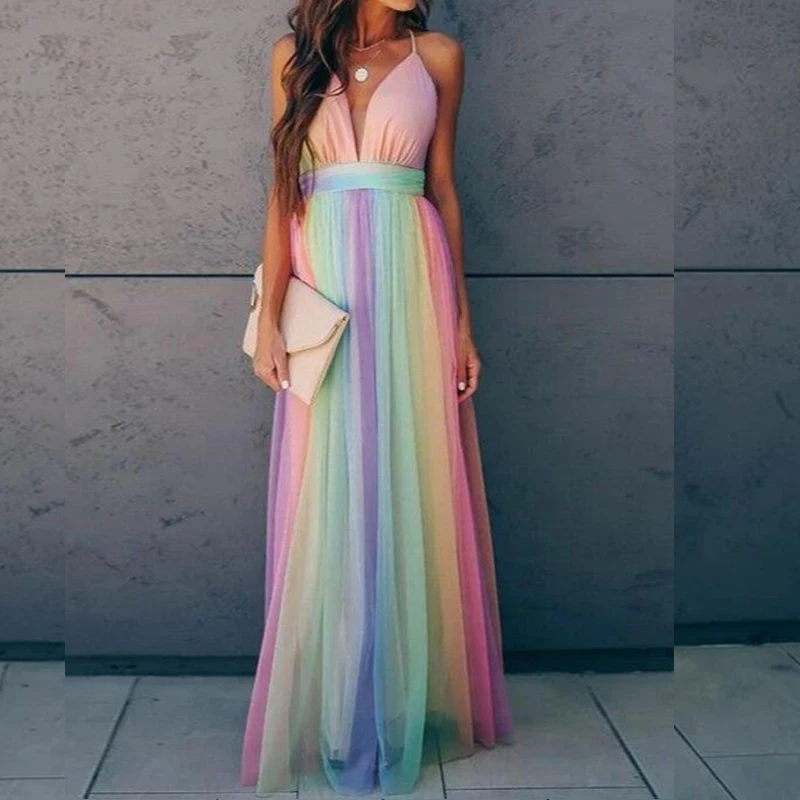 Customizable Rainbow Mesh Sling Dress - AliExpress 200000345