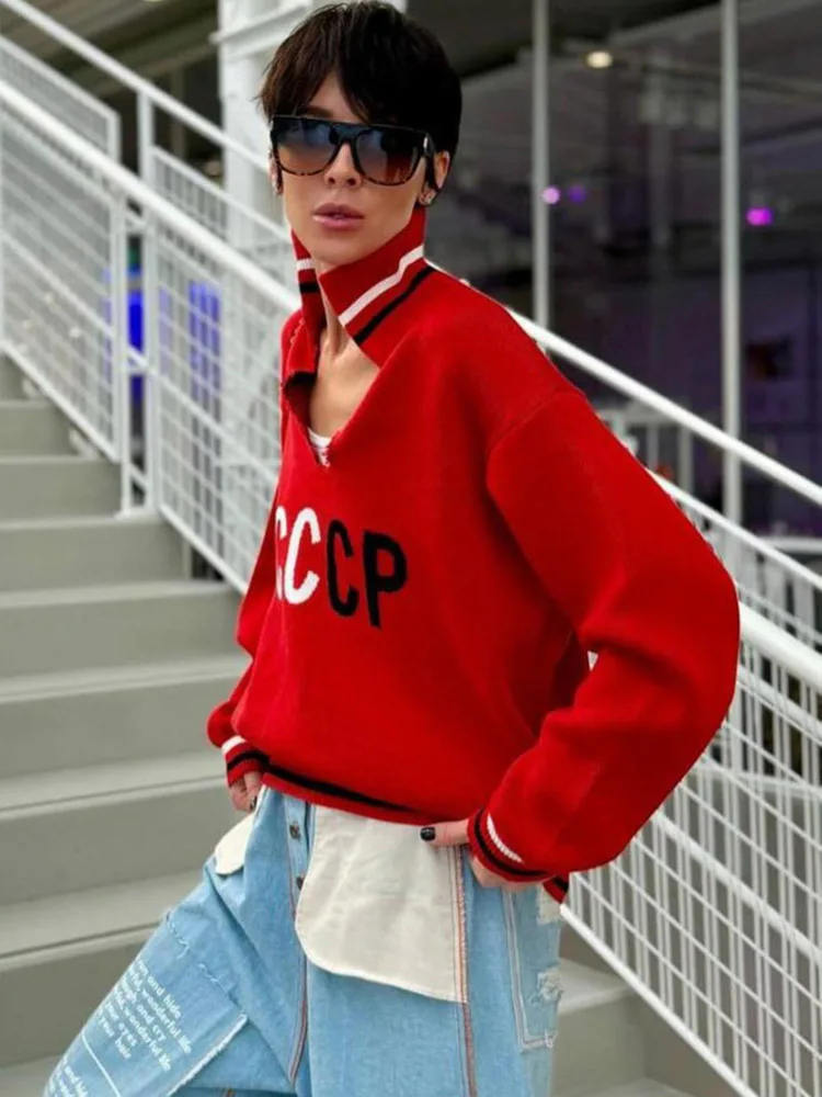 Neue V-ausschnitt Pullover Frauen Kontrast Brief Straße Tops Lose Beiläufige Pullover Lange ärmeln Gestrickte Frauen Pullover
