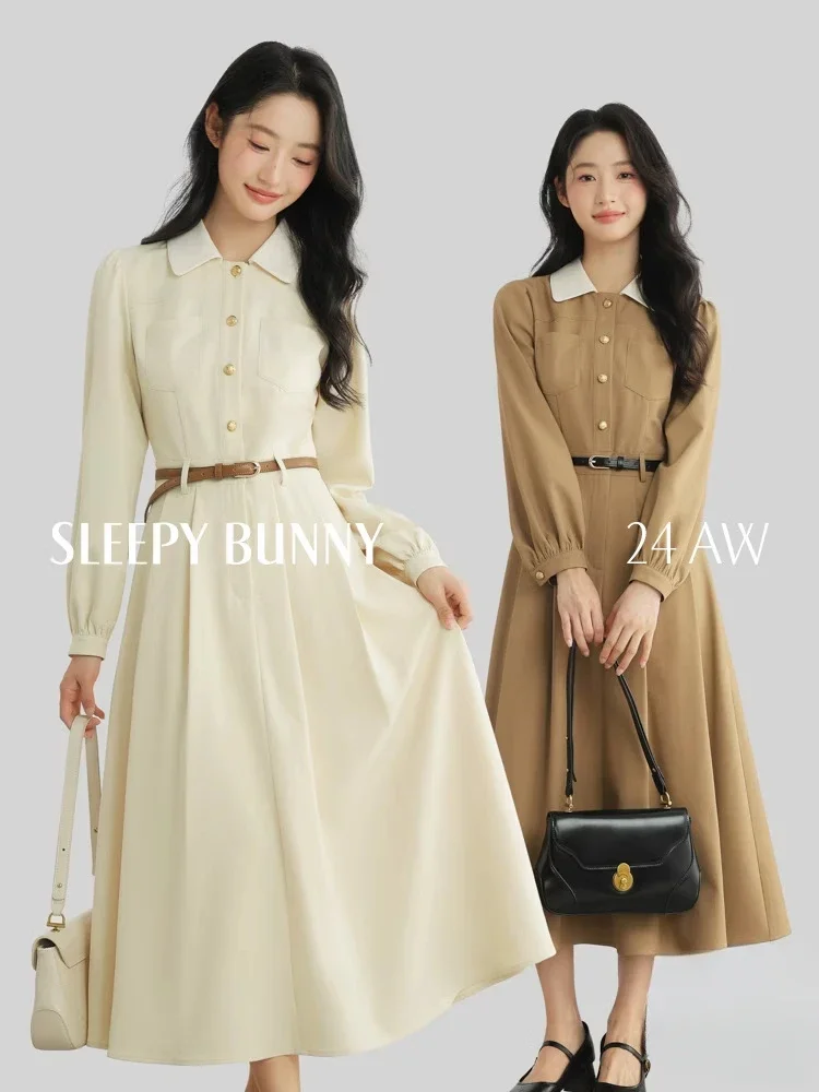 

Contrast Lapel Button-Up Midi Dress Women Spring Elegant High Waist Long Sleeve Dress Casual Office Slim Fit A-Line Flowy Dress