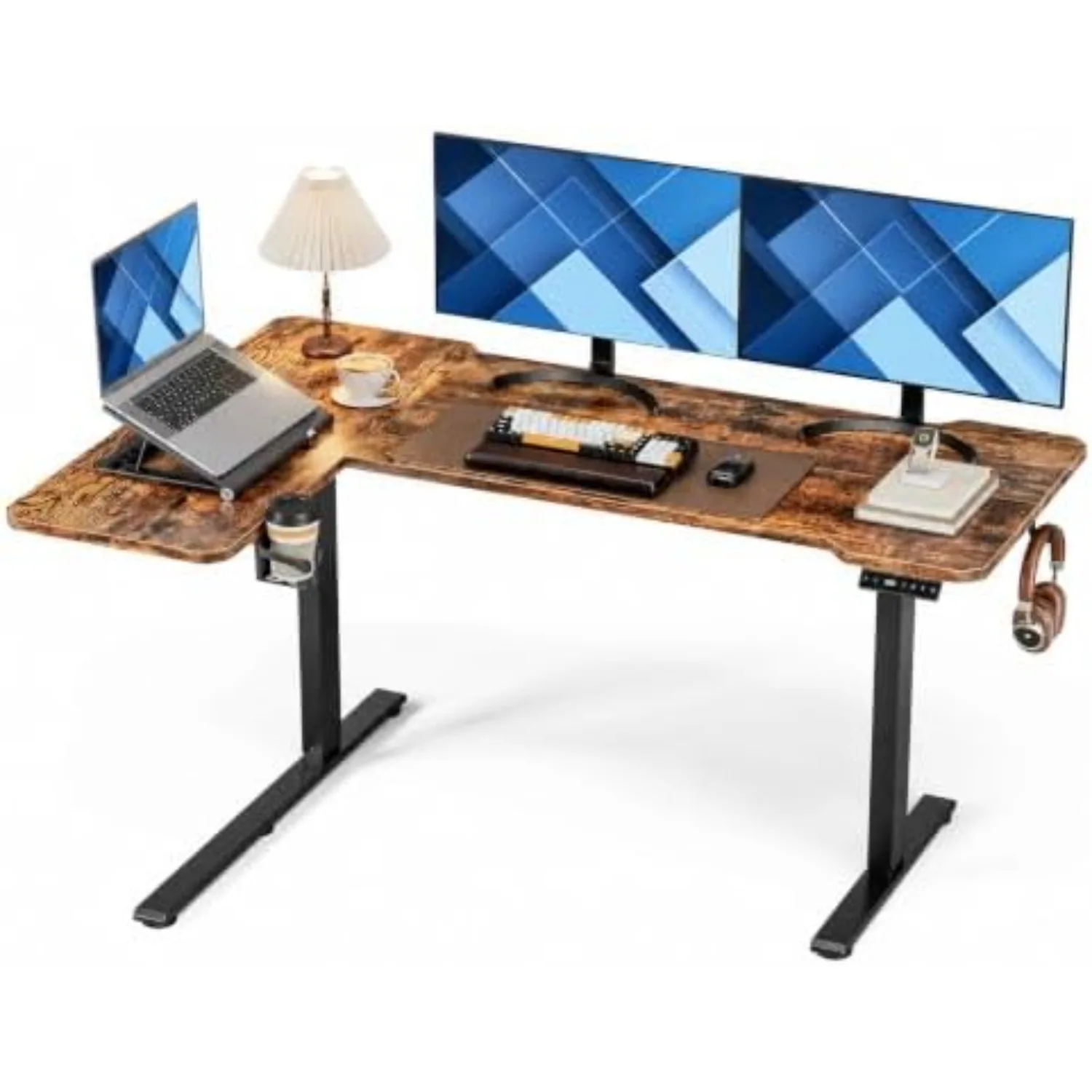 L Shaped Electric Standing Desk - 59x40 Inch Reversible Corner Sit Stand Desk with Hook&Cup Holder,Electric Height