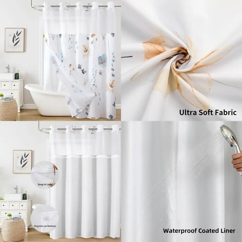 

Цветочная занавеска для душа с застежкой-вкладышем, сине-бежевая тканевая занавеска для ванной с акварельными цветами, занавеска для душа без крючка с сеткой