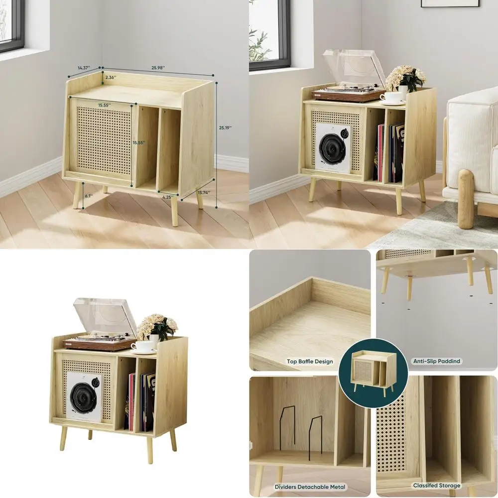 

Vinyl Record Storage Shelf with Turntable Stand, Rattan Door Cabinet for 200 Albums, Living/Bedroom/Office Decor