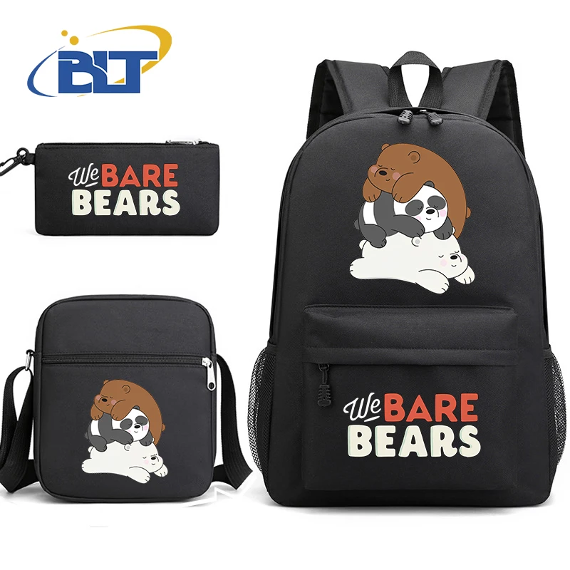 MINISO set tas sekolah anak, tiga potong tas bahu tas pensil pelajar motif Bare Bears