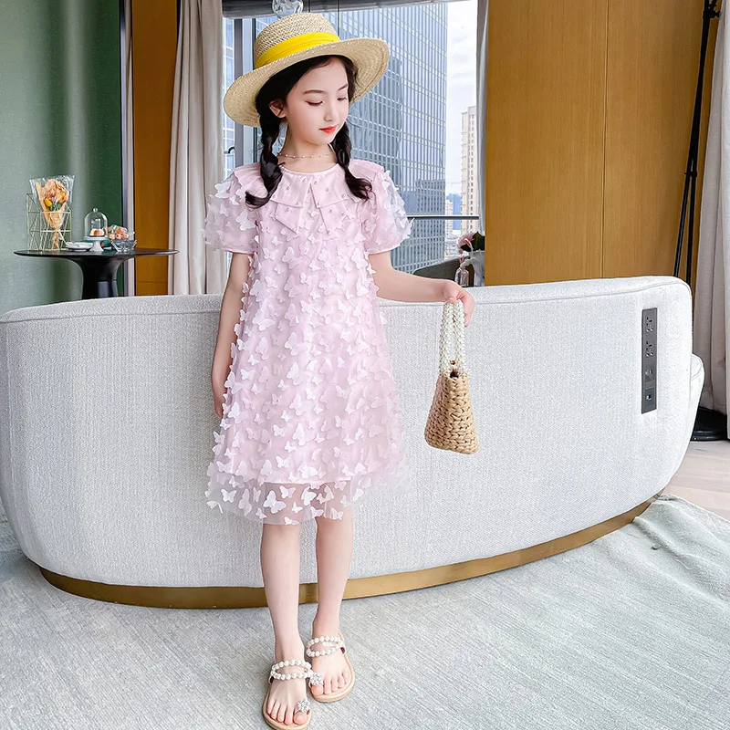 Butterfly girl's dress fashion tulle 2022 new factory children's round neck long skirt cheap summer breathable baby dress