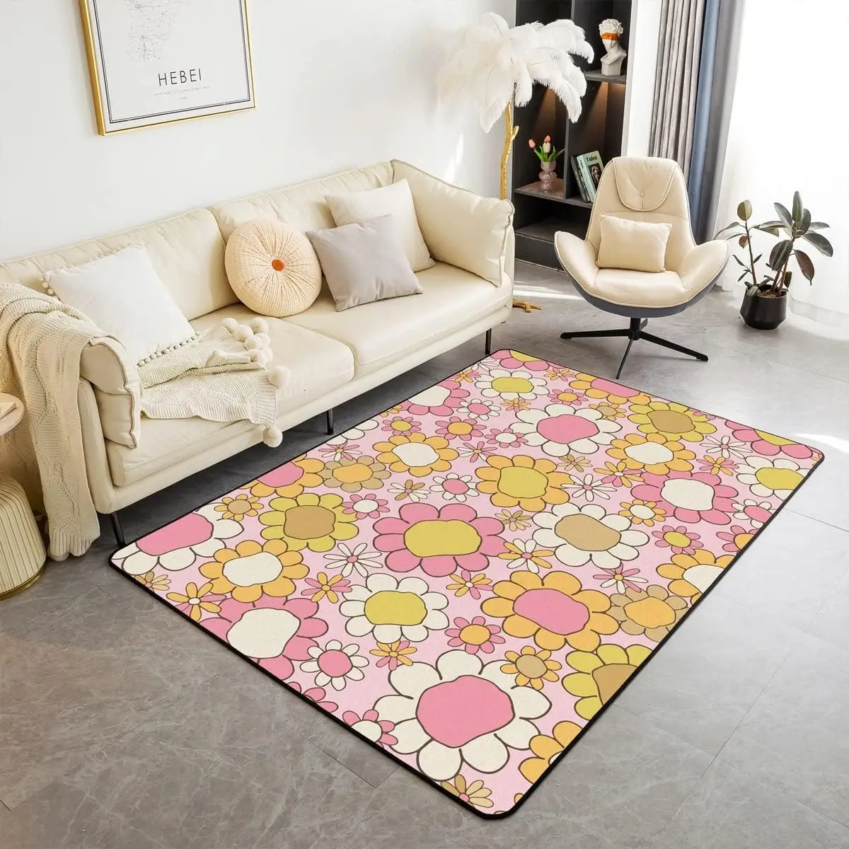 60s 70s Groovy Flower Area Rug for Bedroom Bedside,Hippie Funky Flower Living Room Rugs for Kids Boys Girls,Rainbow Vintage