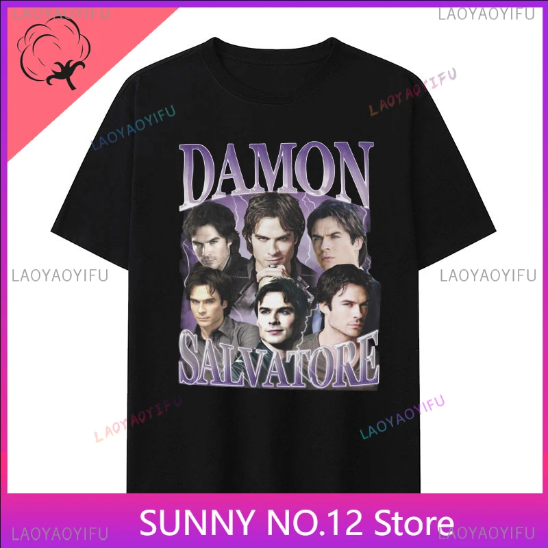 Damon Salvatore Ian Somerhalder TV Series Graphic Print T Shirts Men's Retro Gothic Fashion Oversized 100%Cotton Streetwear