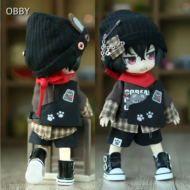 For Obitsu 11 Doll Cute Brown Plaid Streetwear Set For OB11 Gsc 1/12 Molly P9 P10 Body Doll Cloth NAGI Doll Outfit Clothes