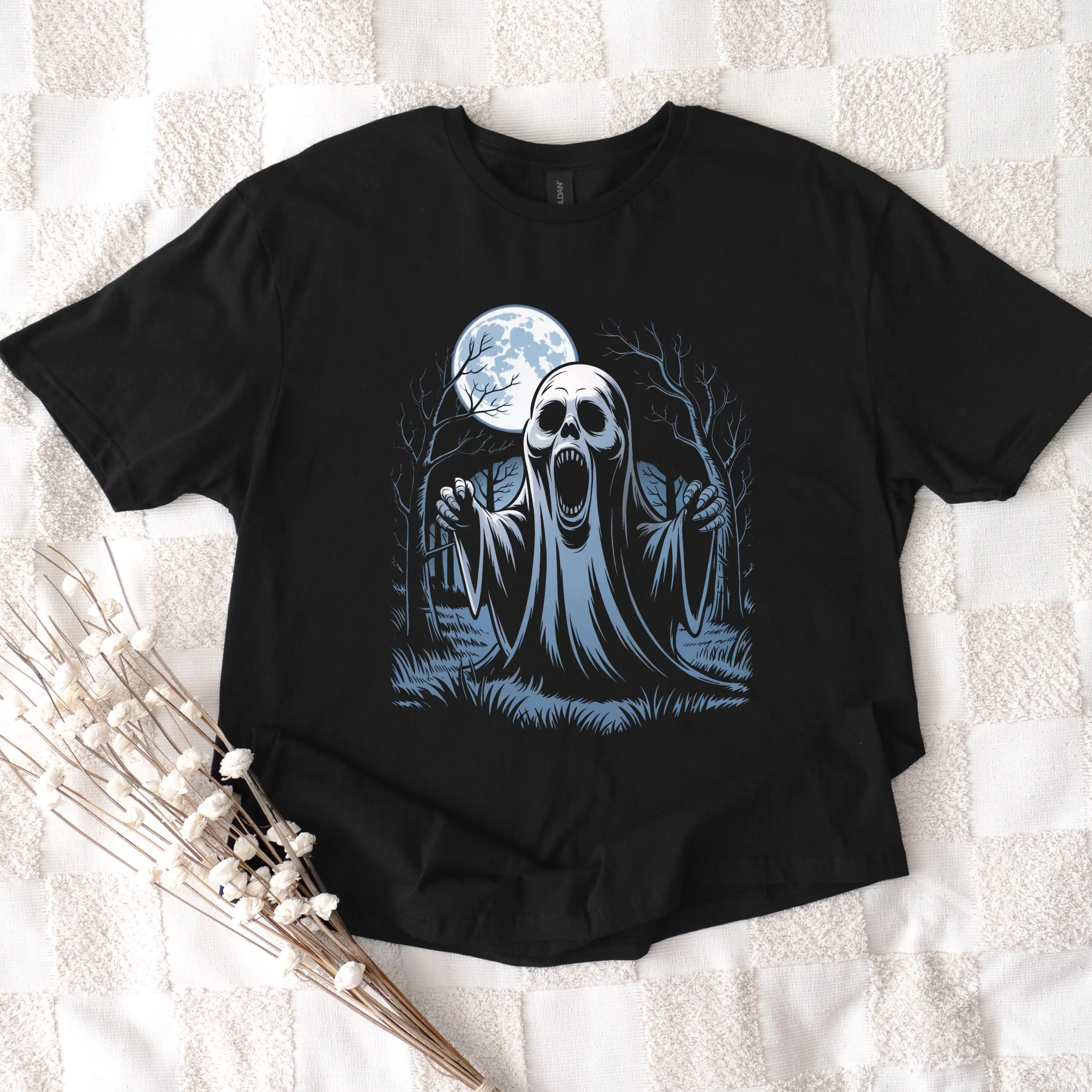 Haunted Ghost T-Shirt Gruseliger Vollmond Gothic SkeletT Geschenk Halloween schwarz oder dunkelgrau