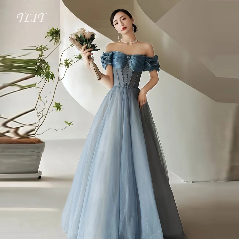 

TLIT Elegant Dusty Blue Organza Evening Dresses Pleats Off Shoulder Strapless Prom Gowns 이브닝 드레스 Customized Corset Gowns