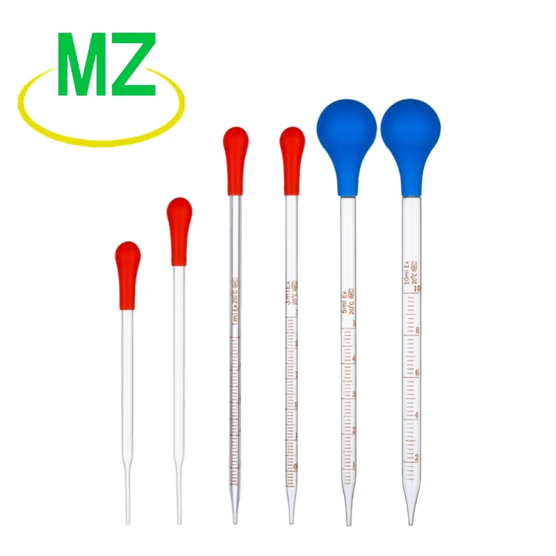 ماصة متدرجة 0.5/1/2/3/5/10 مللي مقياس زجاجي خط قطارة ماصة مختبر قطارة إسقاط ماصة ماصة رأس مطاطي أزرق