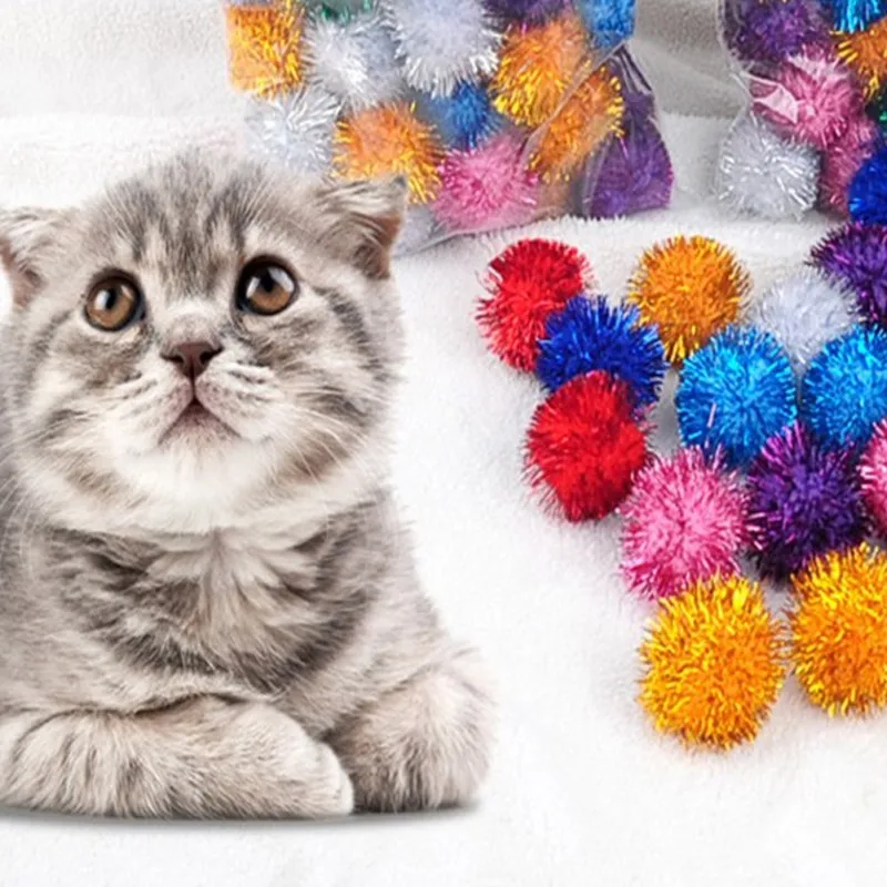 Crinkle Balls Cat Toy Assorted Color Flash Tinsel Pom Poms 10/20/30/50/100PCS A Bag for Home Indoor Kitten Christmas Pet Gifts