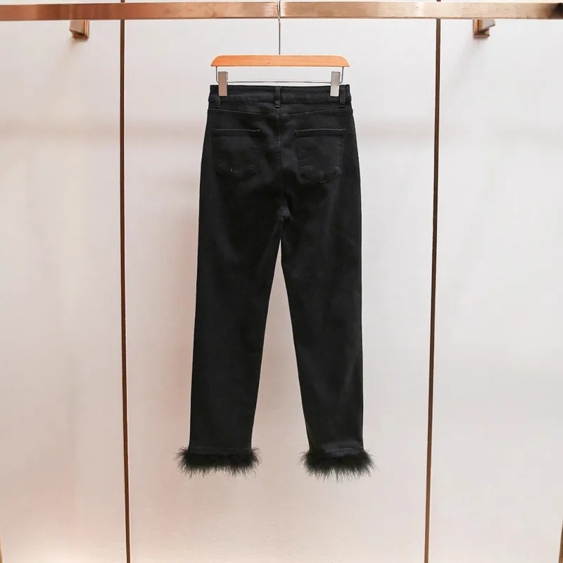 ANJY Spring Autumn New Women Fashion Versatile Patchwork Feather Design Jeans Dark Style Punk Chic Slim Straight Leg Denim Pants