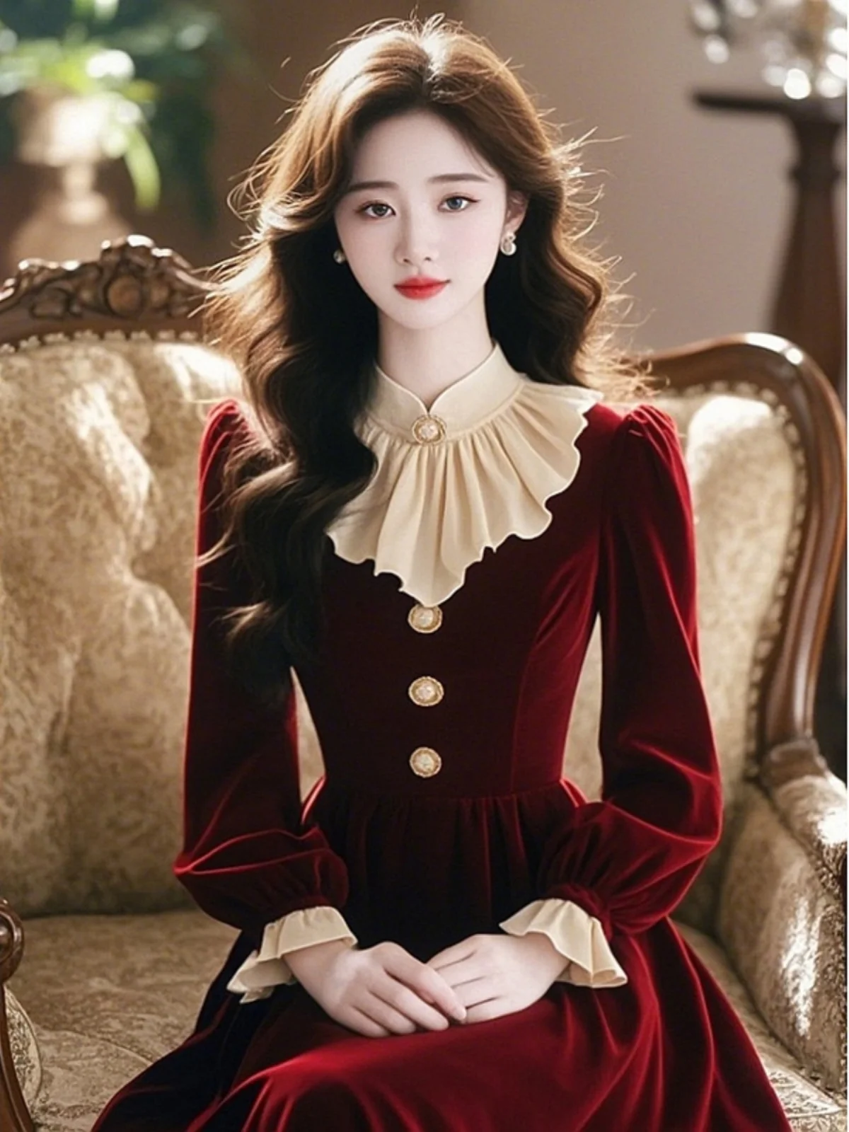 

Elegant Red Velvet Dress Women's High Waist Long Sleeve Vintage Style Commute Fashion plus Size Available Chinese Brand