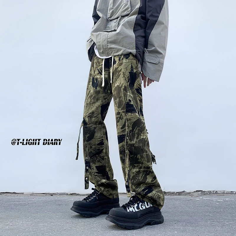 

American Vibe Men's Workwear Pants Dstring Camo Belted Straight Leg Hiphop High Street Trend Brand Casual Trousers