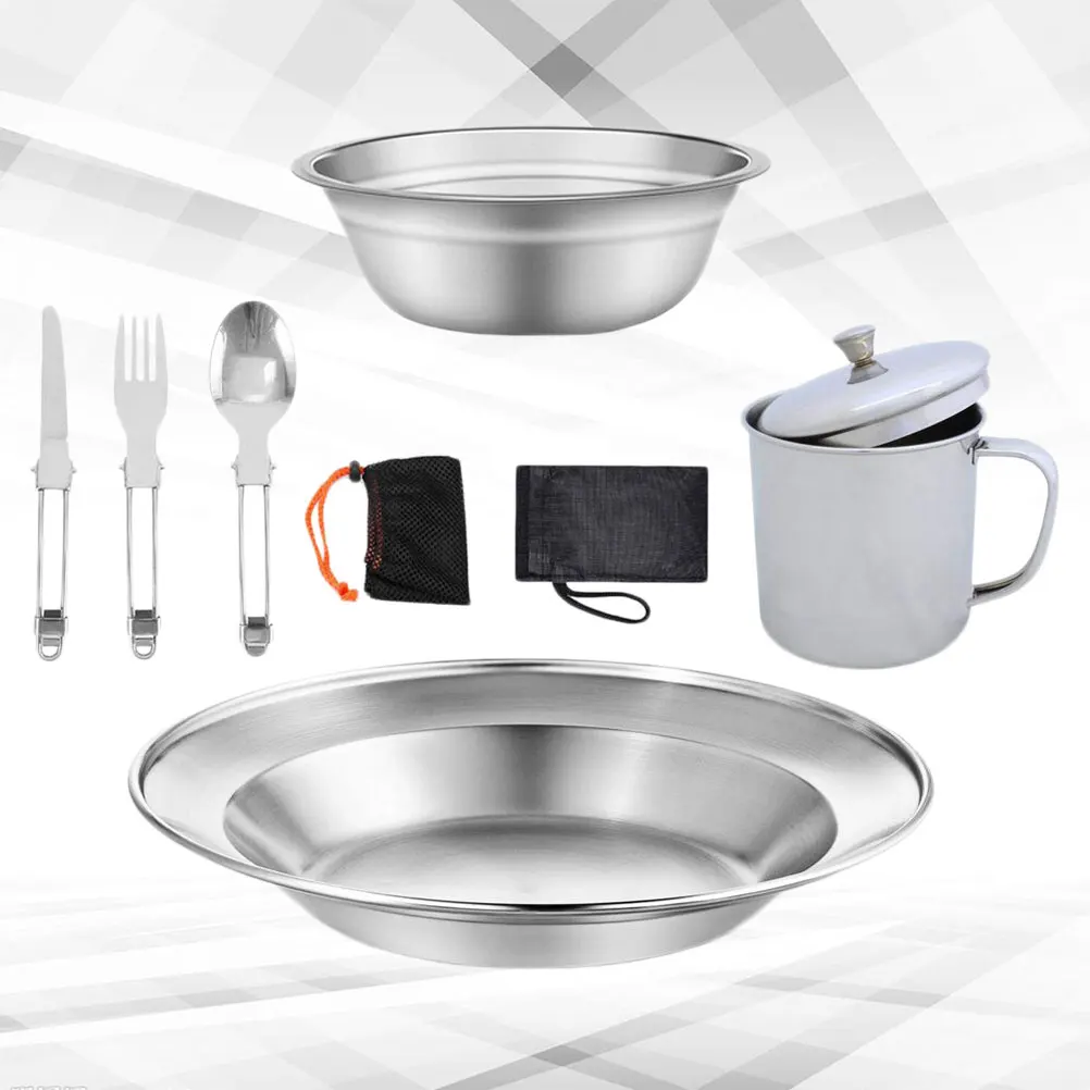 

Stainless Steel Cookware Set Durable Anti-Rust Foldable Handle Easy Storage Outdoor Camping Picnic Hiking Bbq Gear Tray Pot