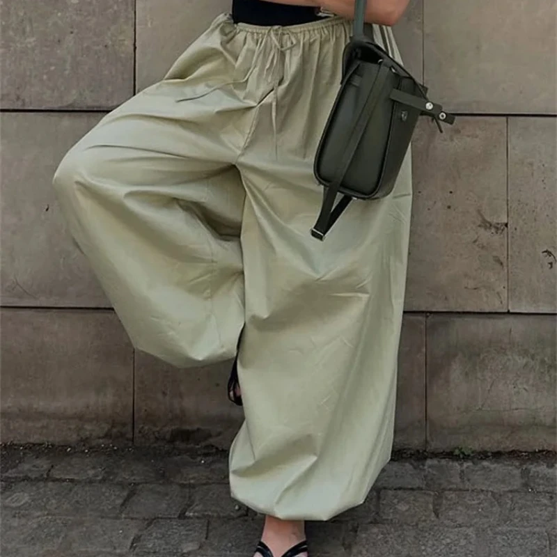 DemoRave Y2k Streetwear Fashion Pocket Bloomers Pants Women Casual High Waist Patchwork Bandage Pleated Loose Wide Leg Trousers