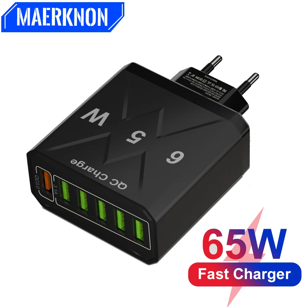 

Fast Charging 65W USB Charger 6 Ports Phone Power Adapter Wall Charger For iPhone 14 13 Samsung Oneplus Xiaomi Quick Charger 3.0