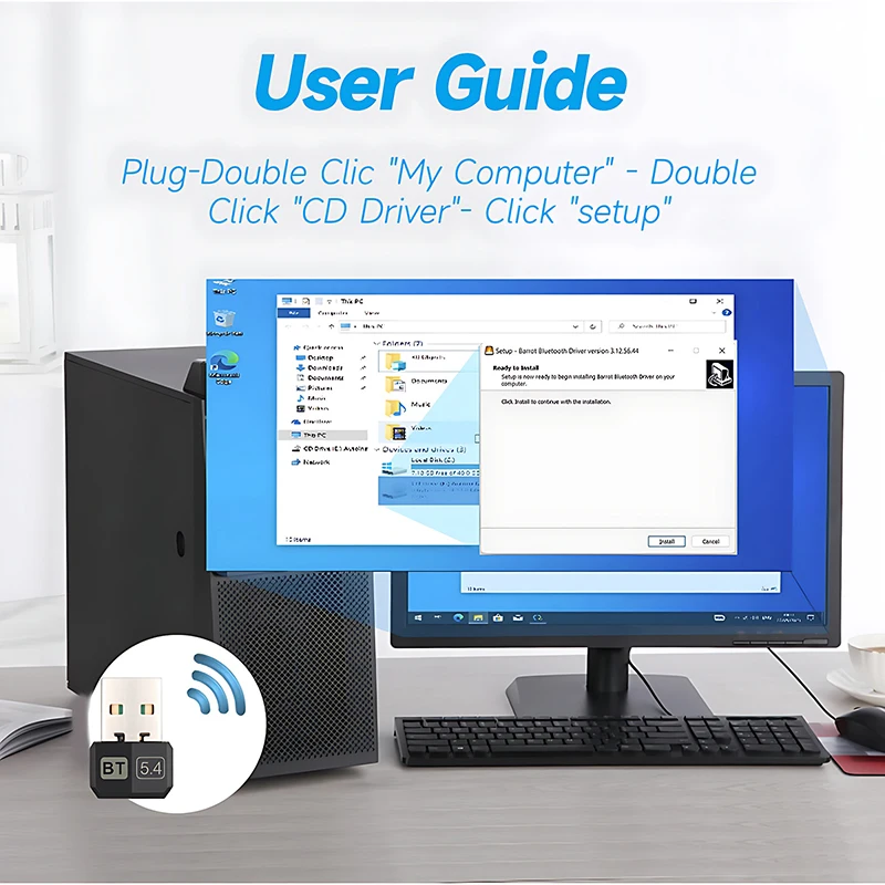 بلوتوث 5.4 محول الكمبيوتر/الكمبيوتر المحمول USB بلوتوث استقبال دونغل محول الكمبيوتر اللاسلكي للوحة مفاتيح الماوس Win10/11 سائق مجاني