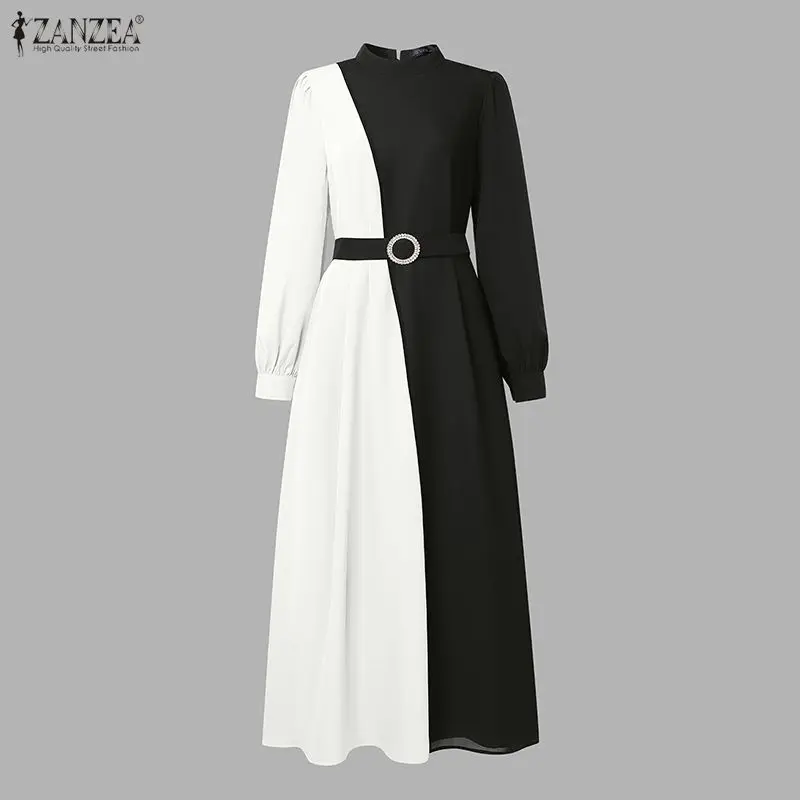 Muslim Hijabs Women's Contrast-Color Maxi Dress Elegant Modest Long Sleeve Belted A-Line Long Dresses Woman Ramadan Clothes 3XL