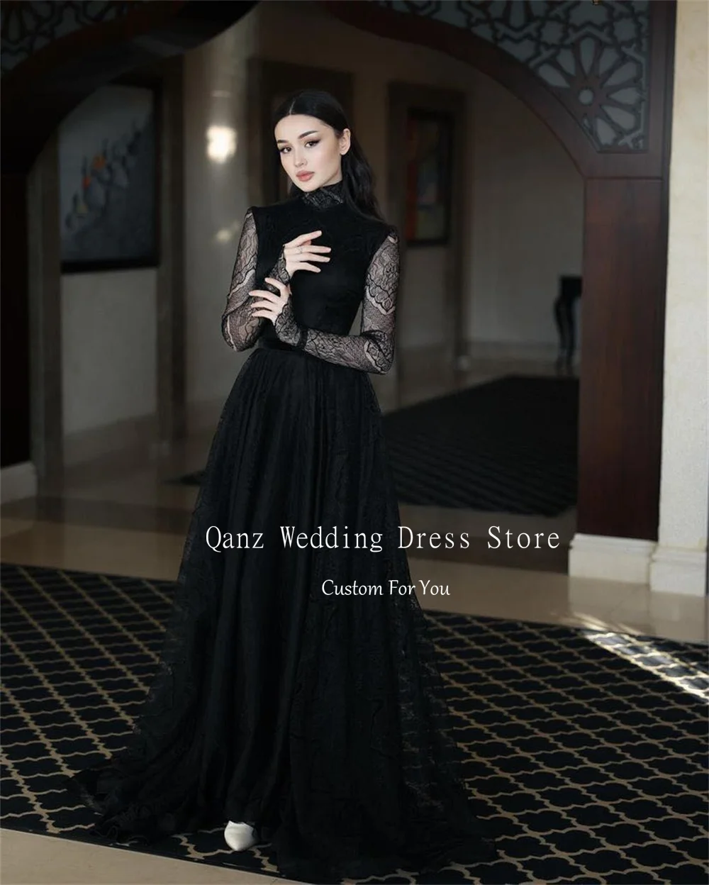 Qanz preto vestidos de noite arábia saudita mangas compridas rendas alta pescoço abendkleider tule personalizado uma linha vestido ocasião formal