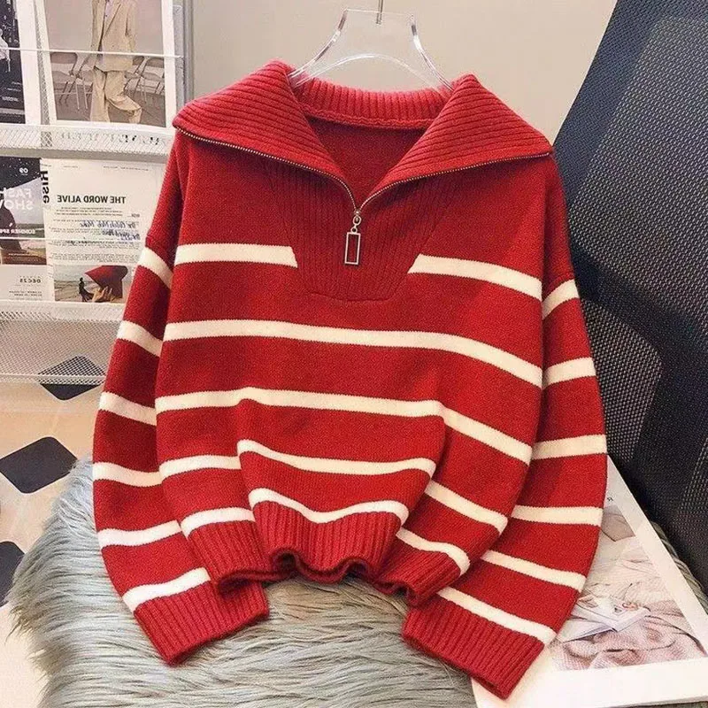 Fall/Winter New Half Zipper Lapel Pullover Striped Sweater Women's Thickened Loose Wool Sweater Jacket Wear Outside