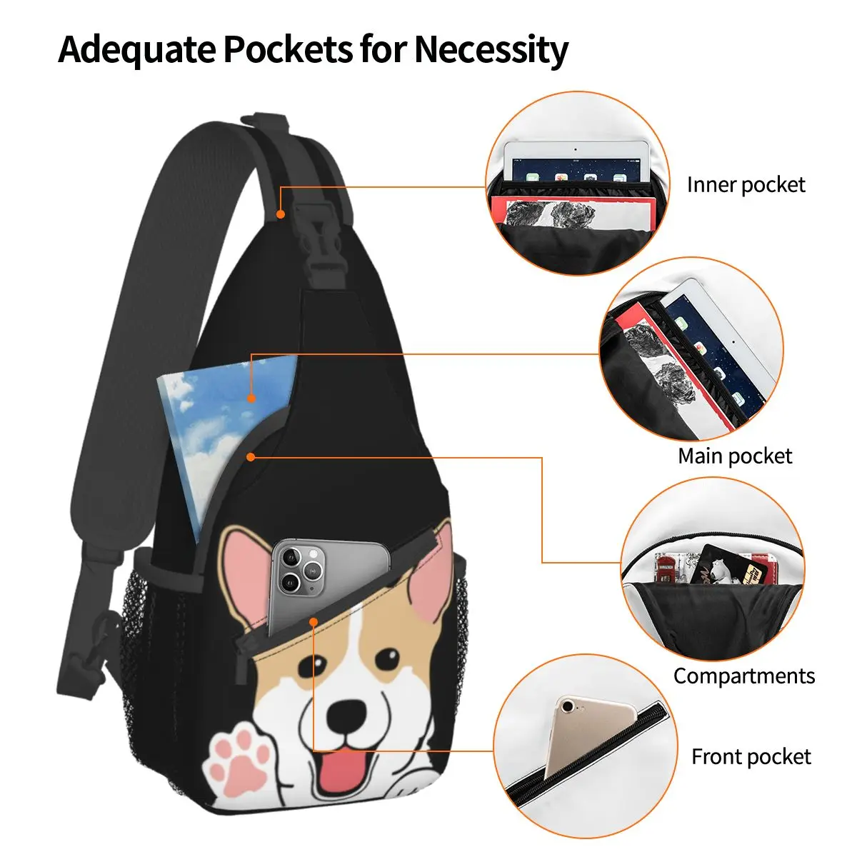 Corgi Cute Paws Smile Crossbody Sling Bag, bolso de pecho informal, mochila de hombro para cachorros, perros y animales, mochila de día para viajes, senderismo y deportes