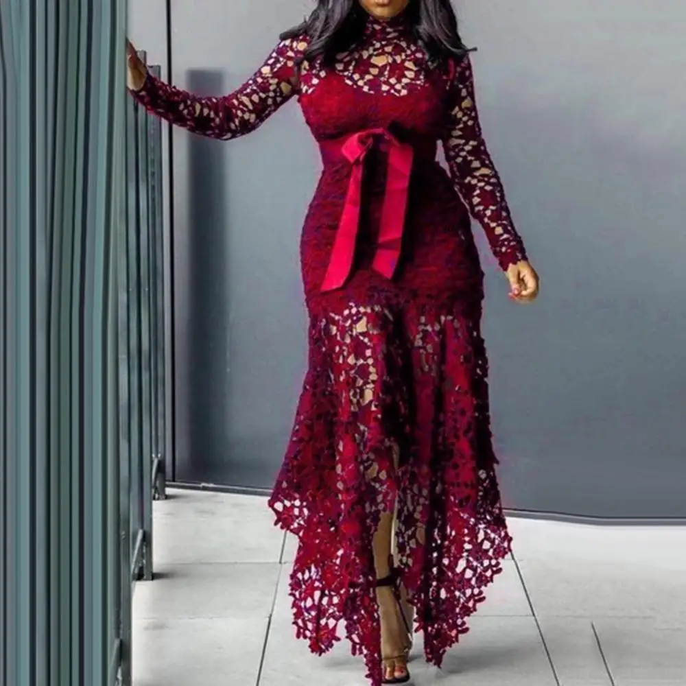 Lace Bow Belted Women Dress Elegant Long Sleeve Irregular Hem Women Bodycon Party Long Dress Vintage Wedding Evening Party Dress