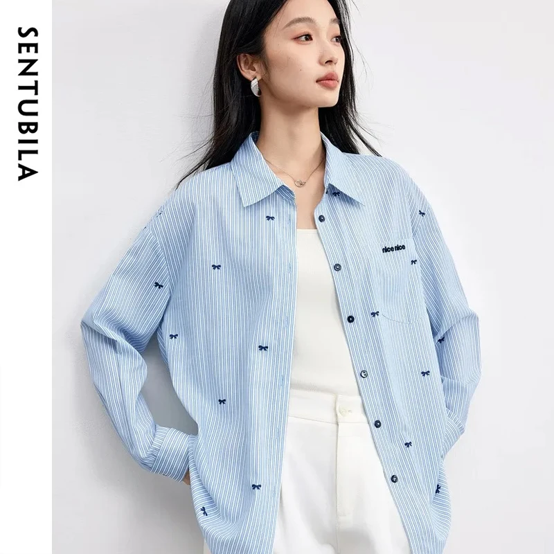

SENTUBILA Blue Casual Shirt for Women 2025 Autumn Light Striped Bow Print Shirt Loose Long Sleeved Turn-down Collar Top153CI2808
