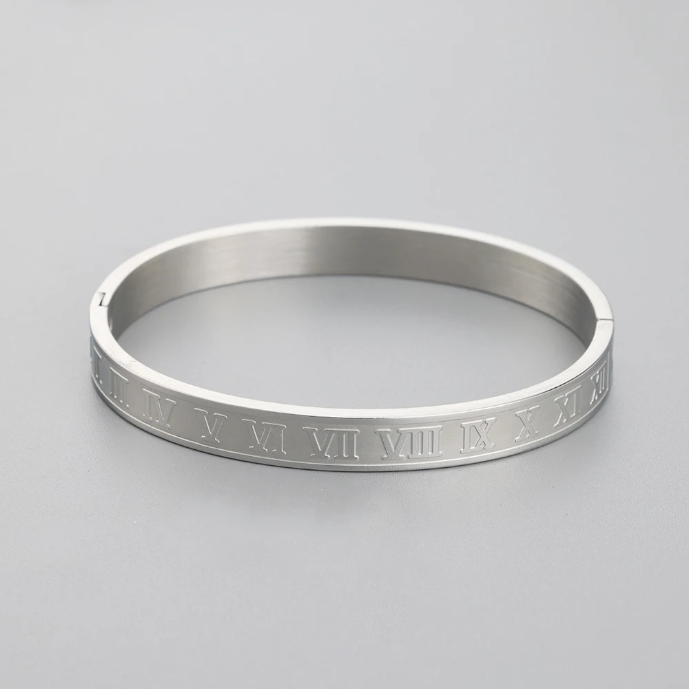 Men And Women Stainless Steel Gold Plating Couples Bracelet Carving Roman Numerals Lover Bangle Wedding Jewelry