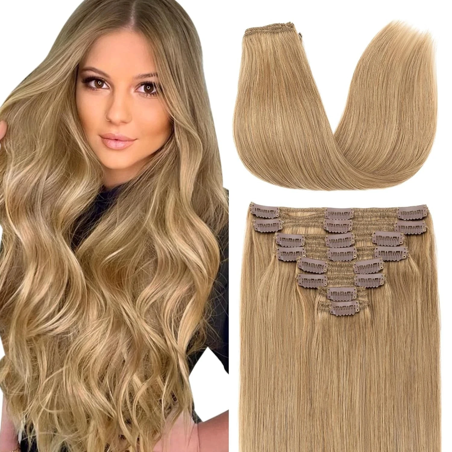 

100% Human Hair Clip In Extensions 7pcs 12inch Straight Hair Weft #P8-613 #1001 Office Everyday Wholesale