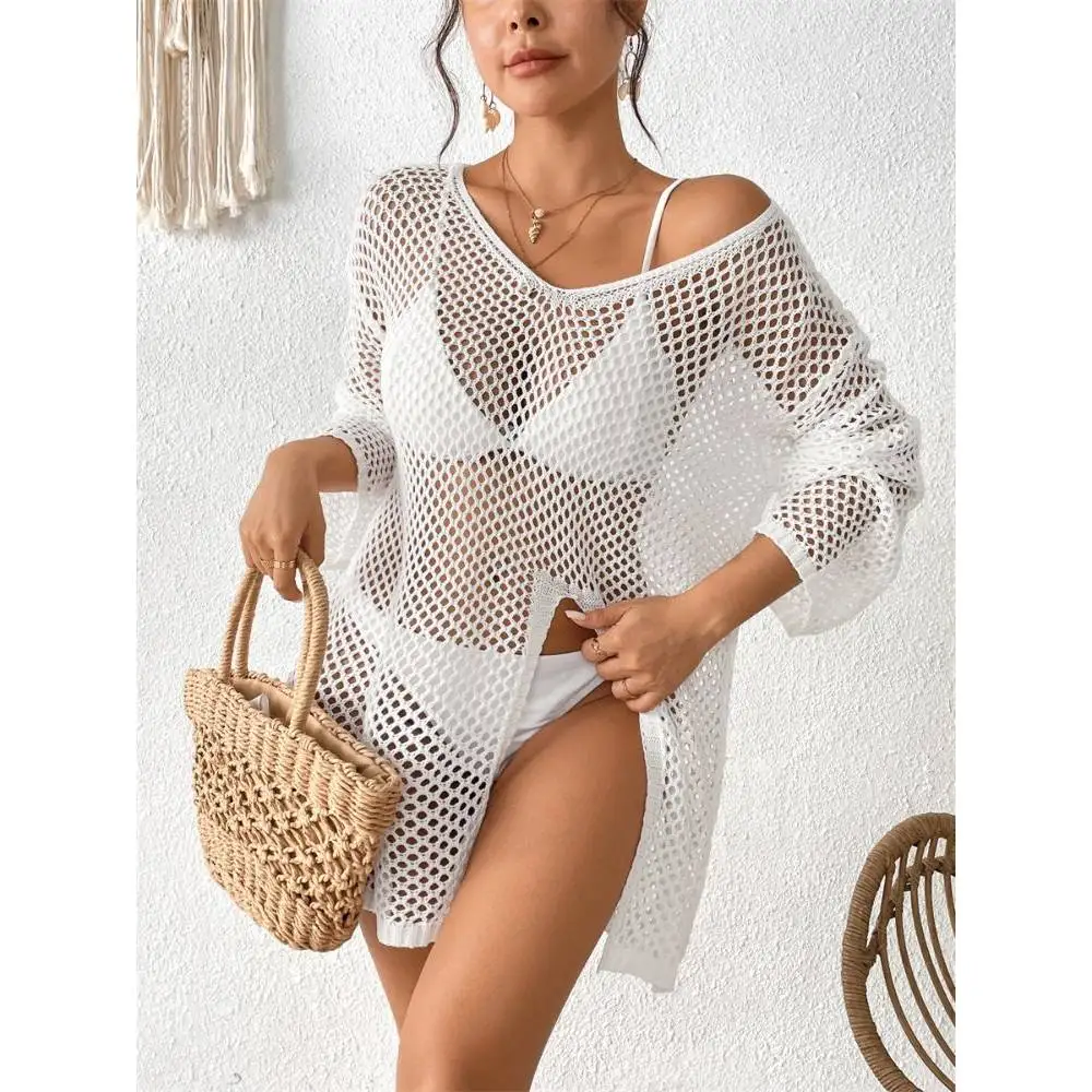 Cikini V-neck Beach Cover-Up Openwork Detailing, Side Slit Long Sleeves