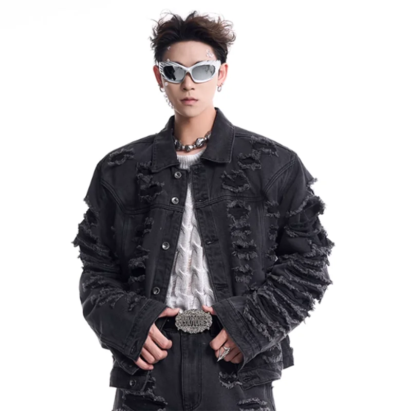 FEWQ Male Sets Tassel Decoration Men\'s Denim Jacket Niche Design Washed Silhouette Straight Trousers 2024 Winter New 24E2410